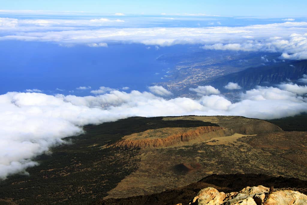 Blick von der Schutzhütte Altavista auf die Nordseite von Teneriffa mit Puerto de la Cruz