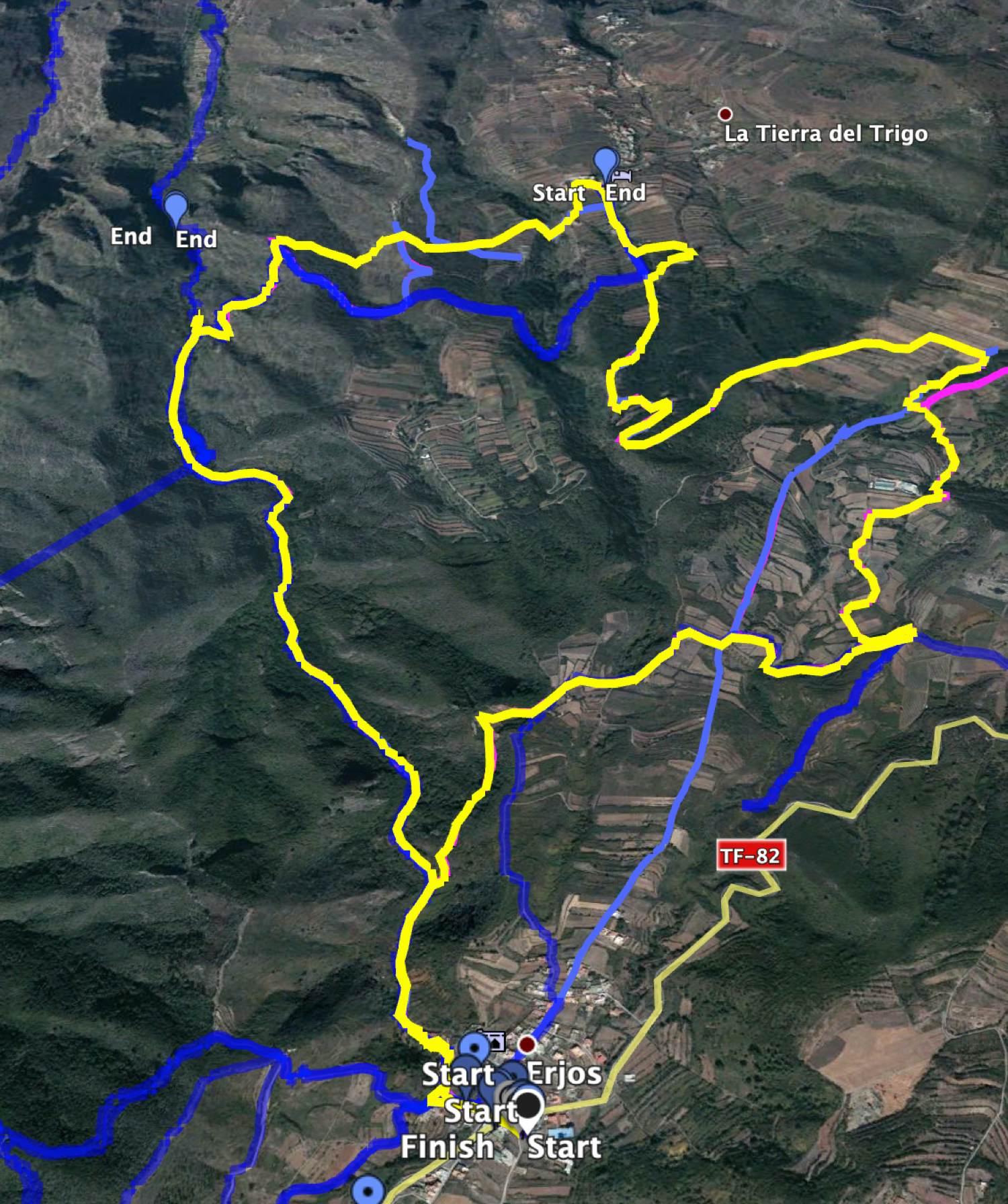 Track (yellow) - circular walk along the canal path - from there blue to the Cascada Lomo Morín
