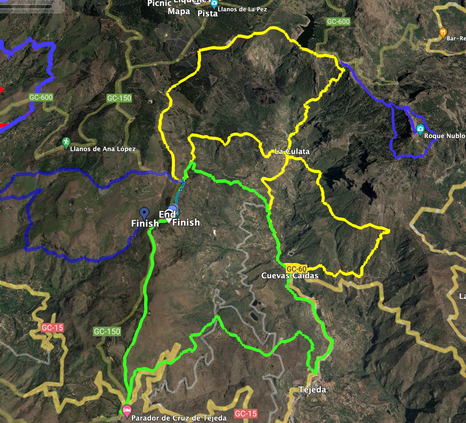 Track der Wanderung um La Culata (gelb) und Track der Wanderung Cruz de Tejeda (grün), Roque Nublo (blau rechts) und Becerra Tour (blau links)