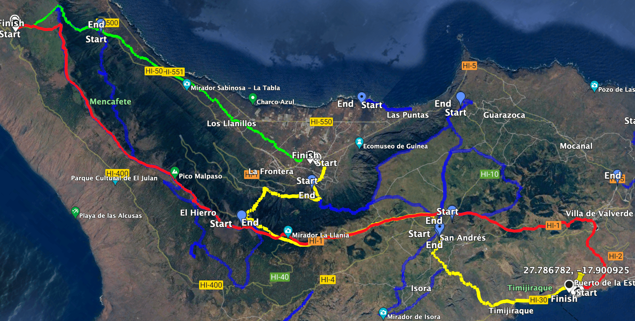 rojo: Parte 1 Camino de La Virgen
verde: Parte 2 Nuestra Señora a La Frontera
amarillo: parte 3 La Frontera a Puerto de Estaca
azul: rutas vecinas - Malpaso, Garne, Azofa etc.