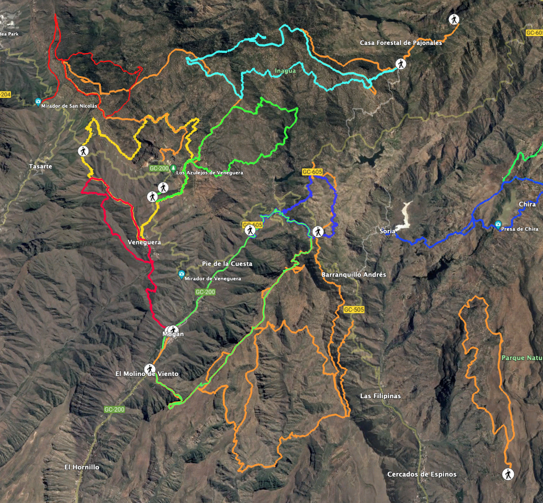 Track of the circular hike Mogán - Tauro (centre green) with many neighbouring hikes