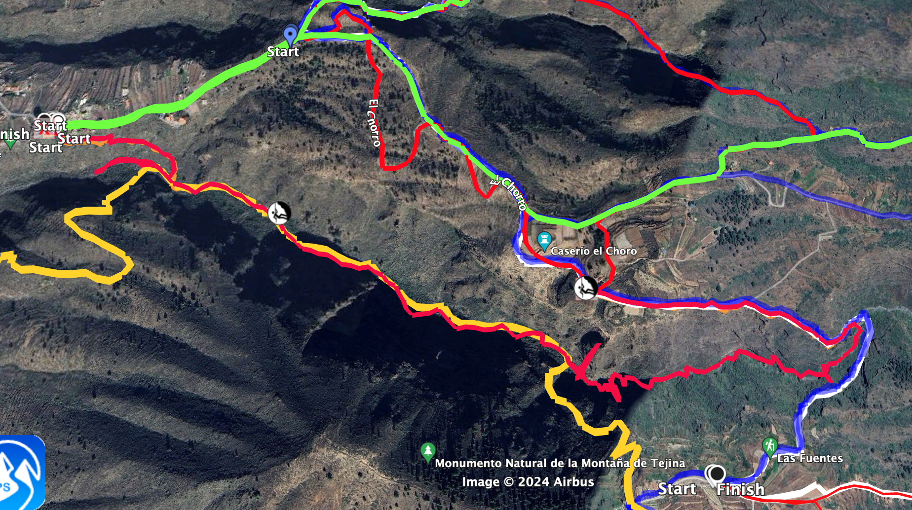 Yellow: Hike through the Barranco Guaria with ascent path Red on the yellow: Abseil route and path from Acojeja to the abseil point Blue in parts: the path around the Barranco Guaria to Las Fuentes