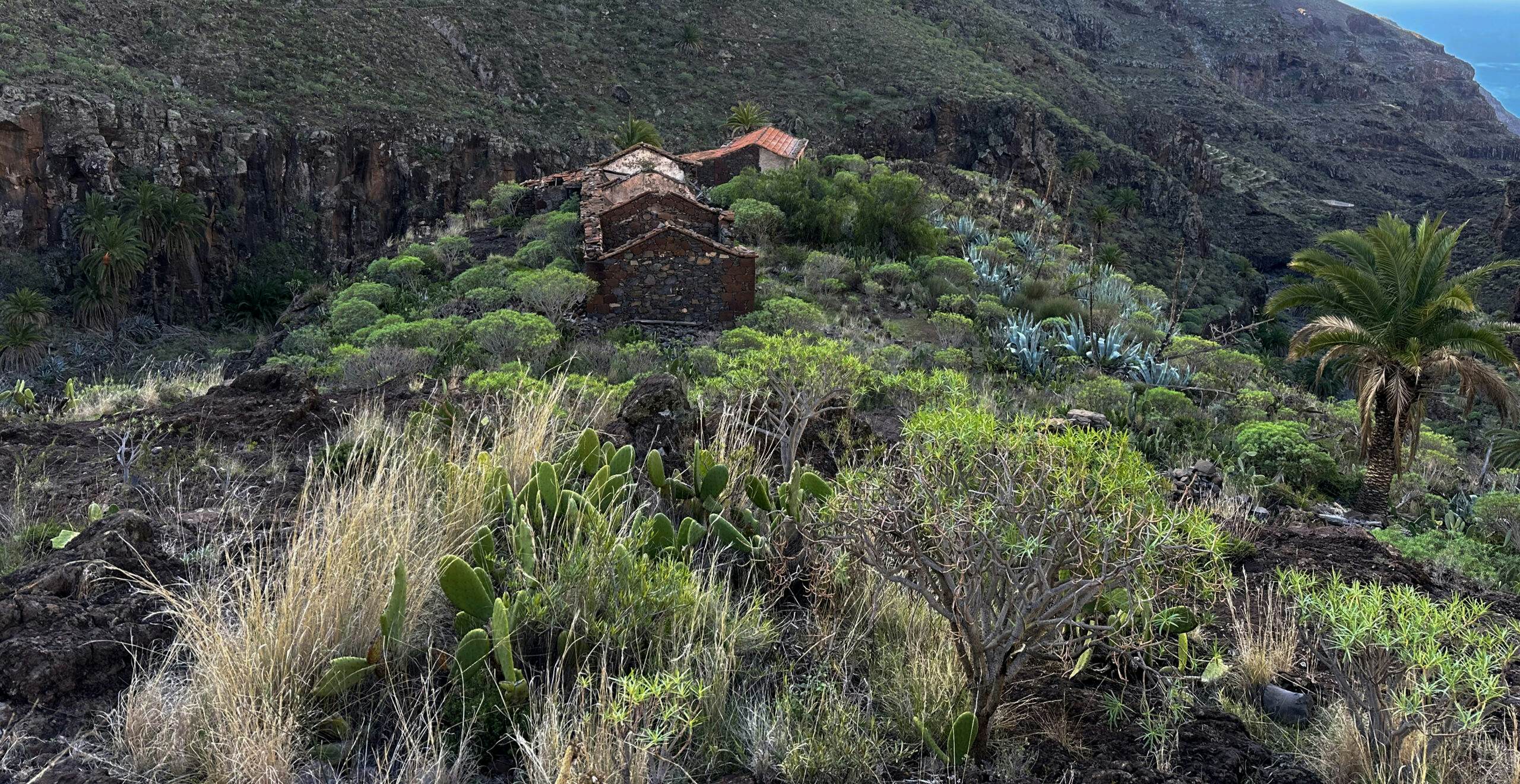 Senderista en el GR-132, etapa 6, cruzando el barranco antes de Alajeró
