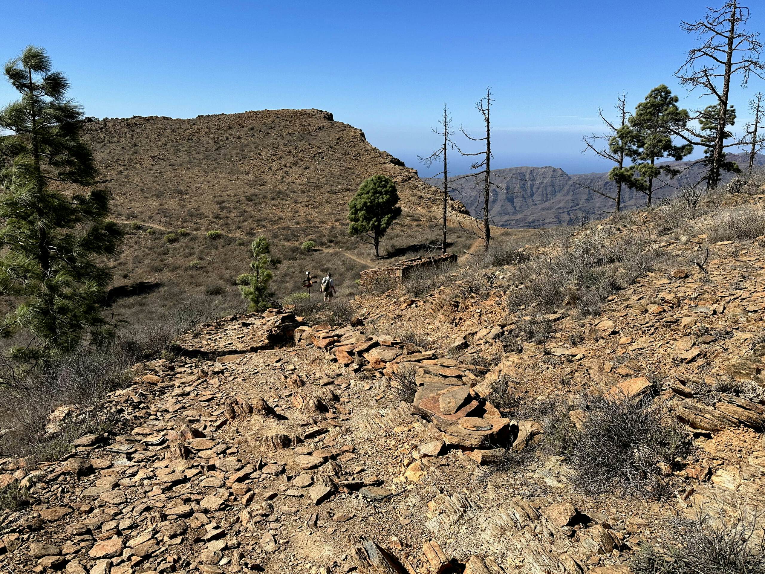 Hiker on the ridge path on the descent to Degollada las Lapas (960 metres altitude)