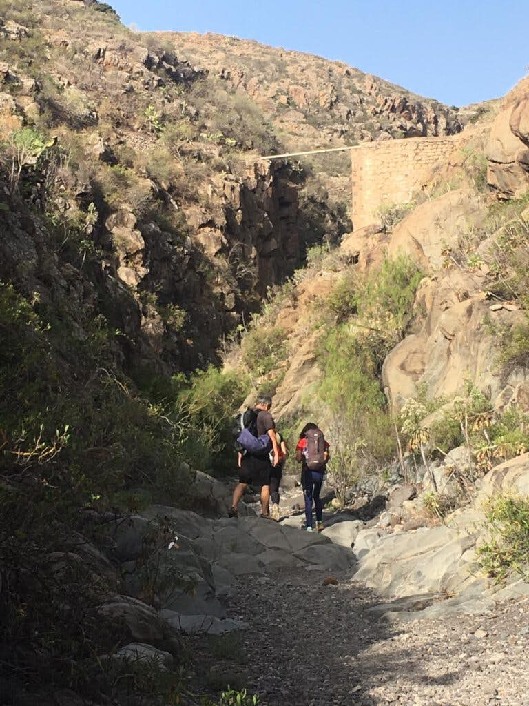 Senderistas y escaladores de camino al Barranco Tamadaya por encima de Arico Viejo