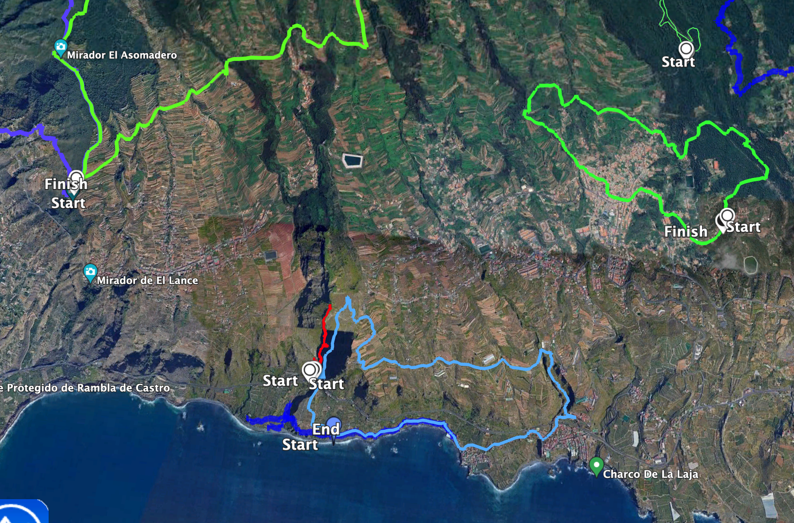 Track der Wanderung Barranco de Ruiz (hellblau), Küstenwanderung (dunkelblau), La Guancha (rechts grün), Mirador de la Corona (grün links oben)