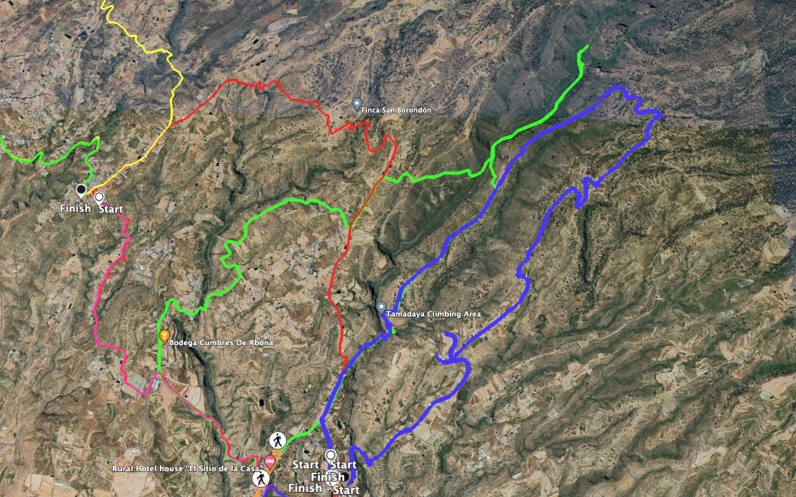 Track der Rundwanderung von Arico Viejo aus (blau) und benachbarte Touren grün und rote Tracks