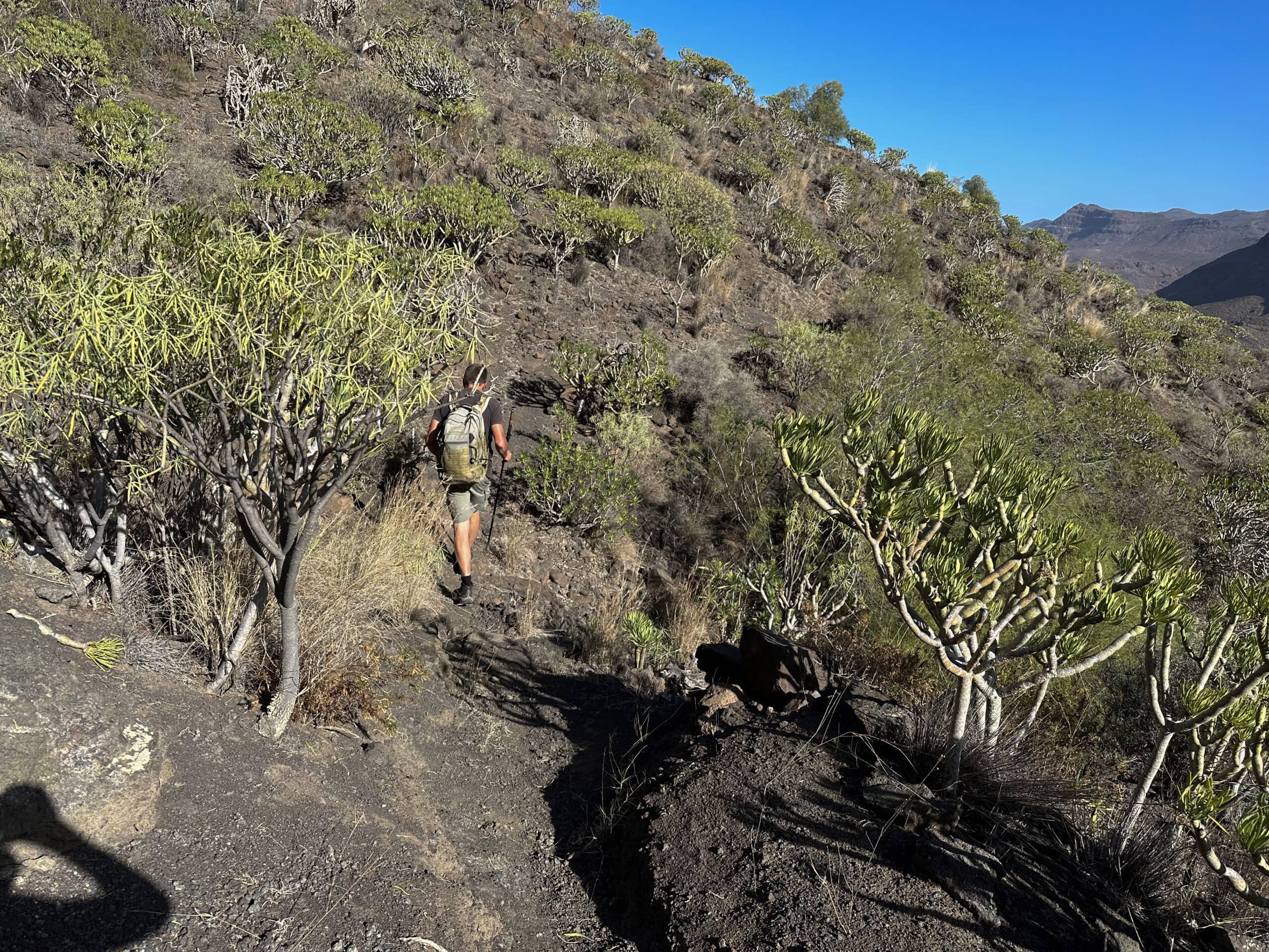 Hiker on the hiking trail via Aldea de San Nicolás - downhill on small paths