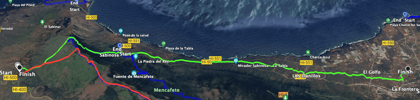 Track of the hike from the Ermita Nuestra Señora de los Reyes to La Frontera (green)