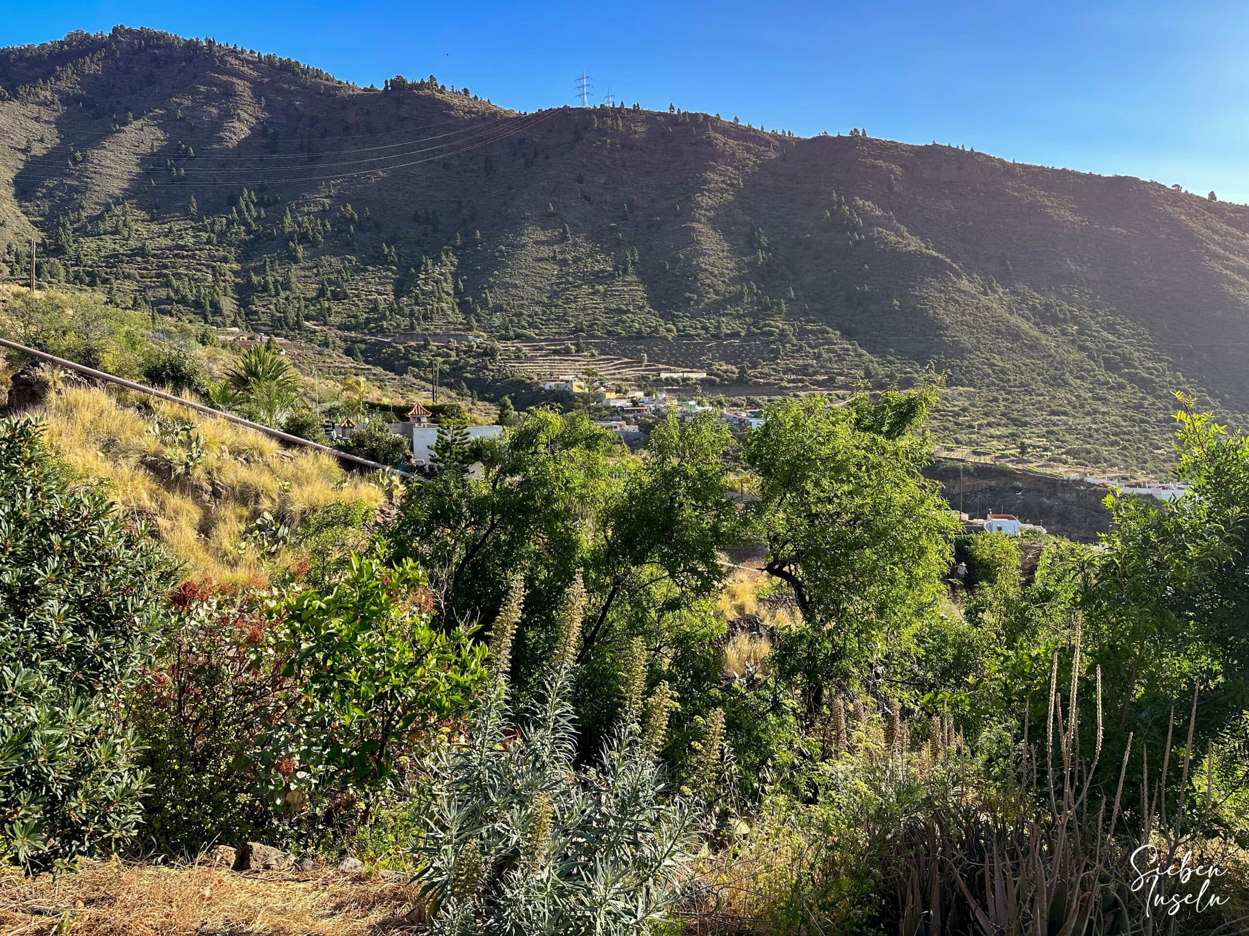 Blick vom Wanderweg hinunter nach Araya und auf dem gegenüberliegenden Grat zum Pico Igonse und den Barranco de las Vigas