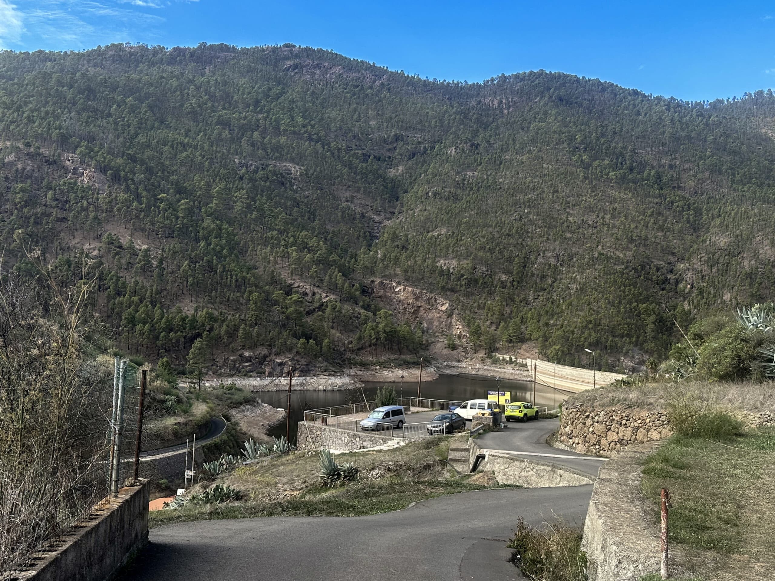 View over the Los Lugarejos reservoir to the wooded Tamadaba Natural Park 