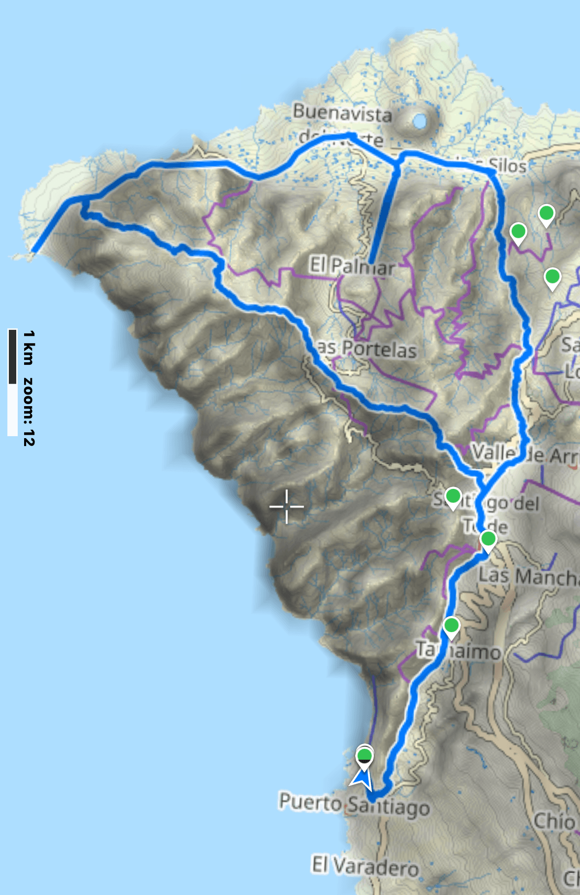 Gesamttrack der Wanderung von Los Gigantes zur Punta de Teno und von Los Silos zurück nach Los Gigantes - zwischen Punta de Teno und Los Silos Bus