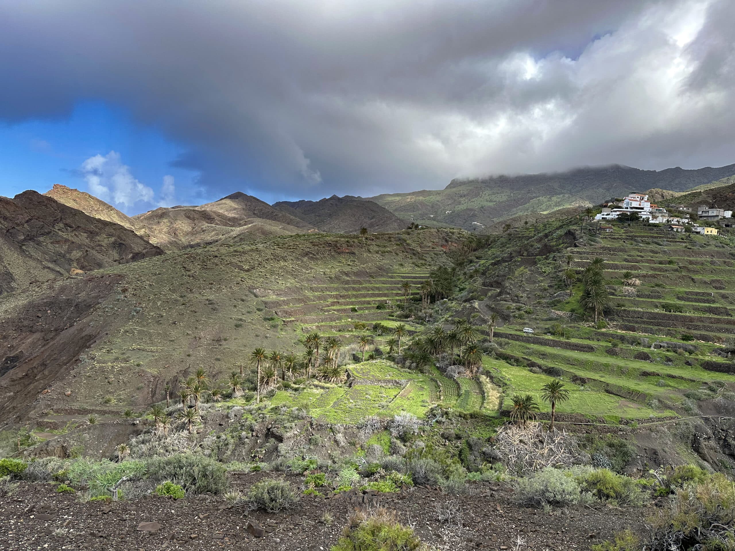 Blick vom Gratweg auf die terrassierten Felder von Alojera