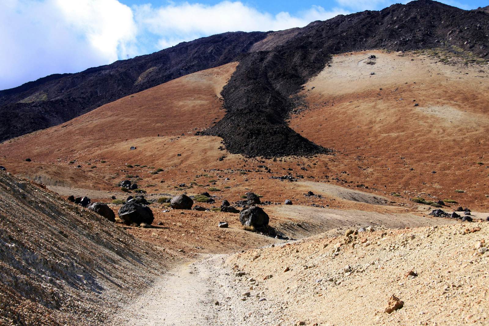 La colada de lava y la ruta de senderismo en Montaña Blanca. Pequeños huevos del Teide en el paisaje.