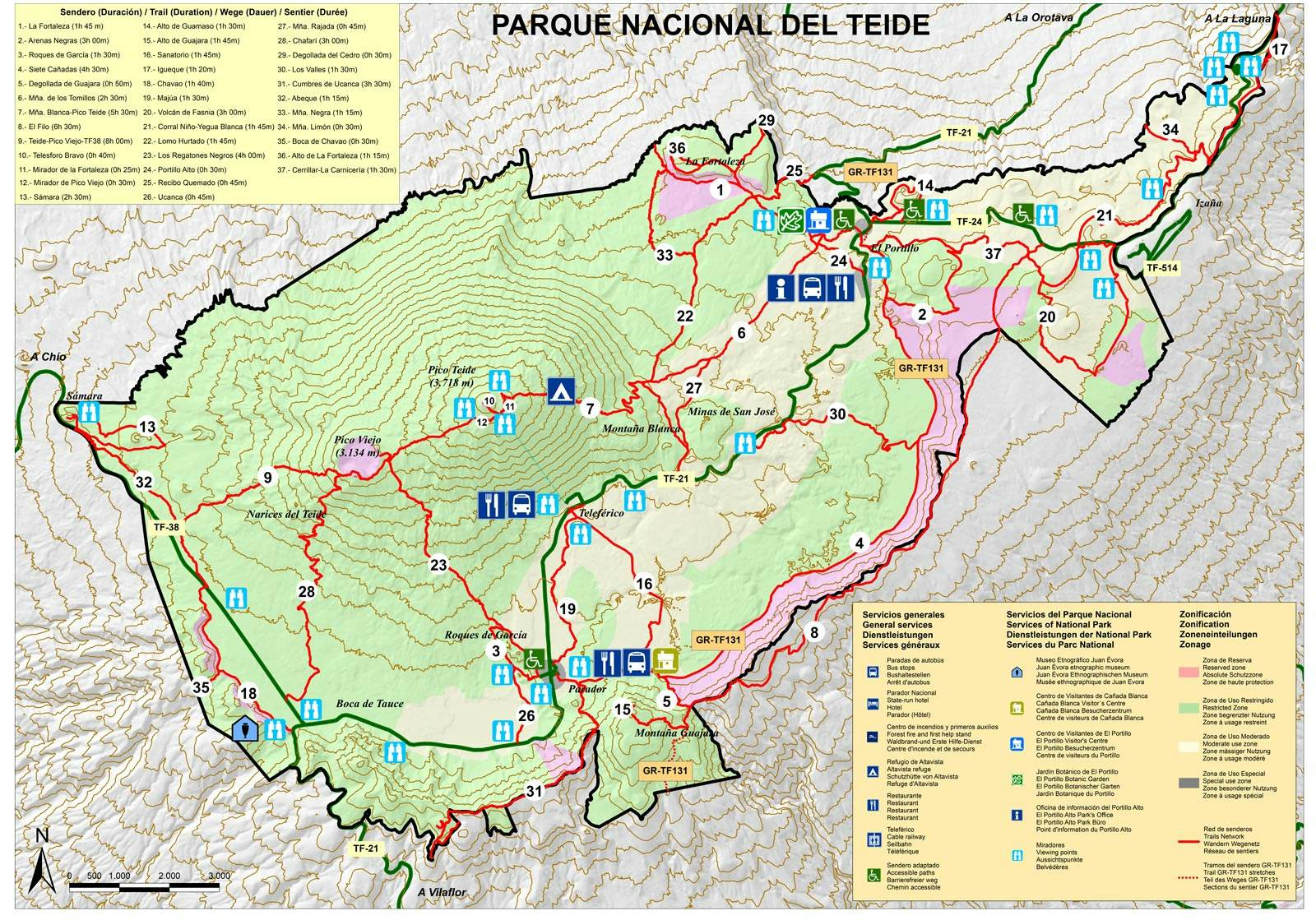 La red de rutas de senderismo del Parque Nacional del Teide.