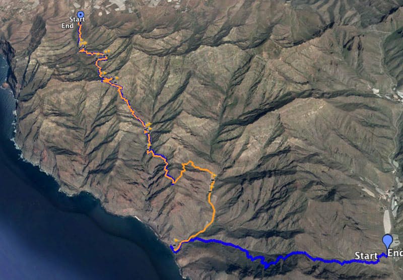 Azul: Ruta de senderismo desde Tasártico hasta Playa Güi Güi Naranja: Ruta de senderismo desde Cuermeja cerca de Aldea de San Nicolás hasta Playa Güi Güi