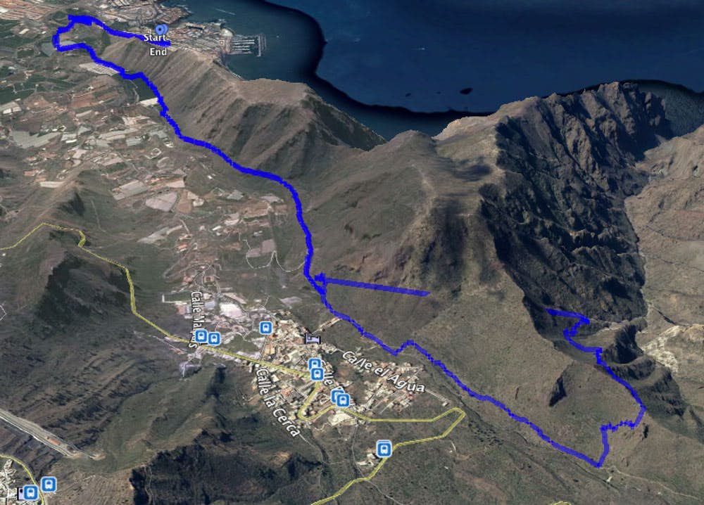 Track der Wanderung von Los Gigantes über Tamaimo in den Barranco Seco und zurück über den oberen Tunnel. Blick vom Osten.