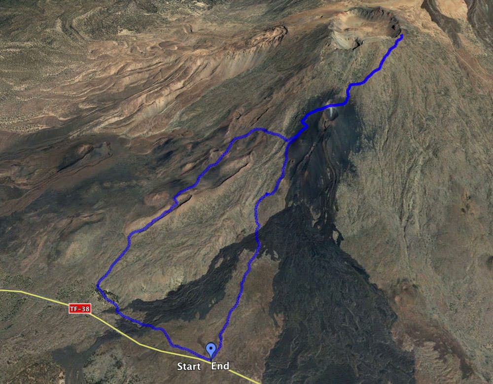 Ruta de senderismo desde el Mirador Narcises del Teide hasta el borde del cráter y de vuelta a través de la colada de lava