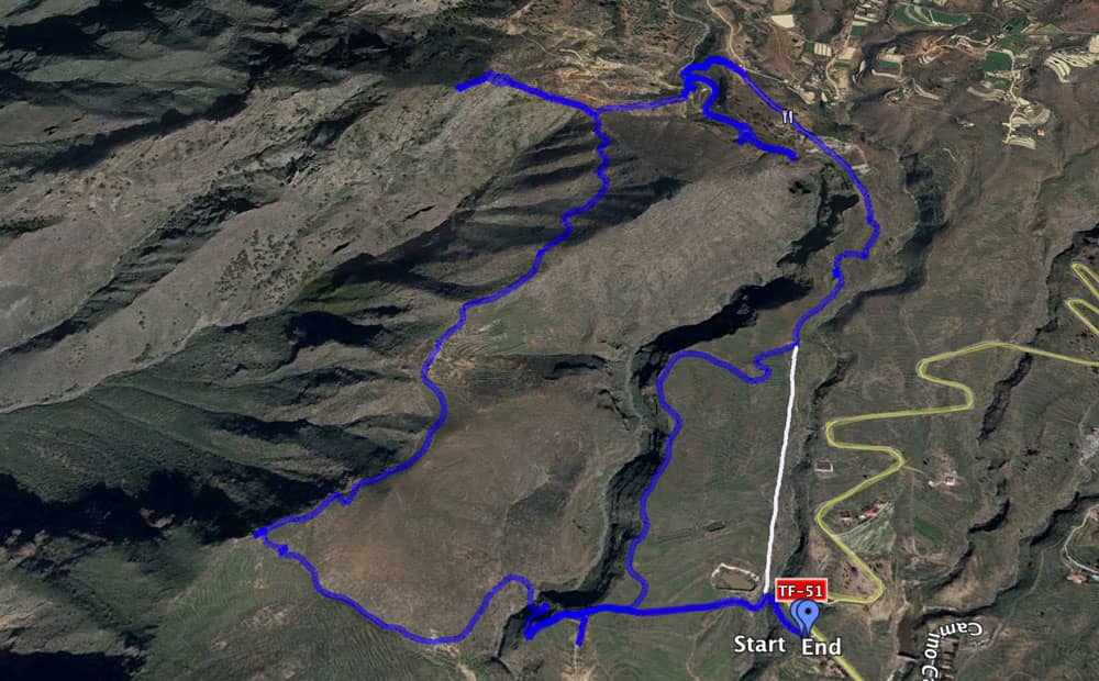 Pista Senda circular alrededor del Roque Imoque con ascenso al Roque de los Brezos y excursión a la parte alta del Barranco del Rey - línea blanca: opción de senderismo alternativo.