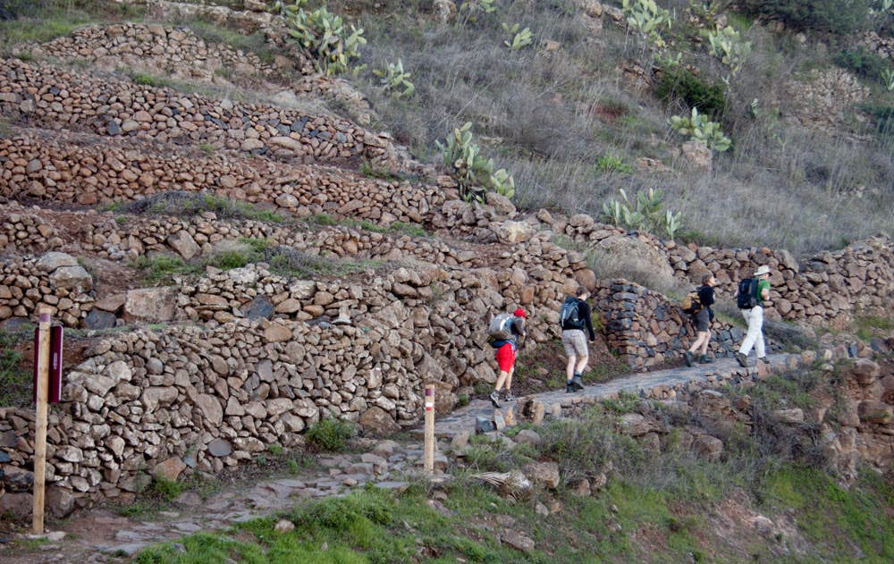 Excursionistas en un sendero pavimentado cerca de Chipude