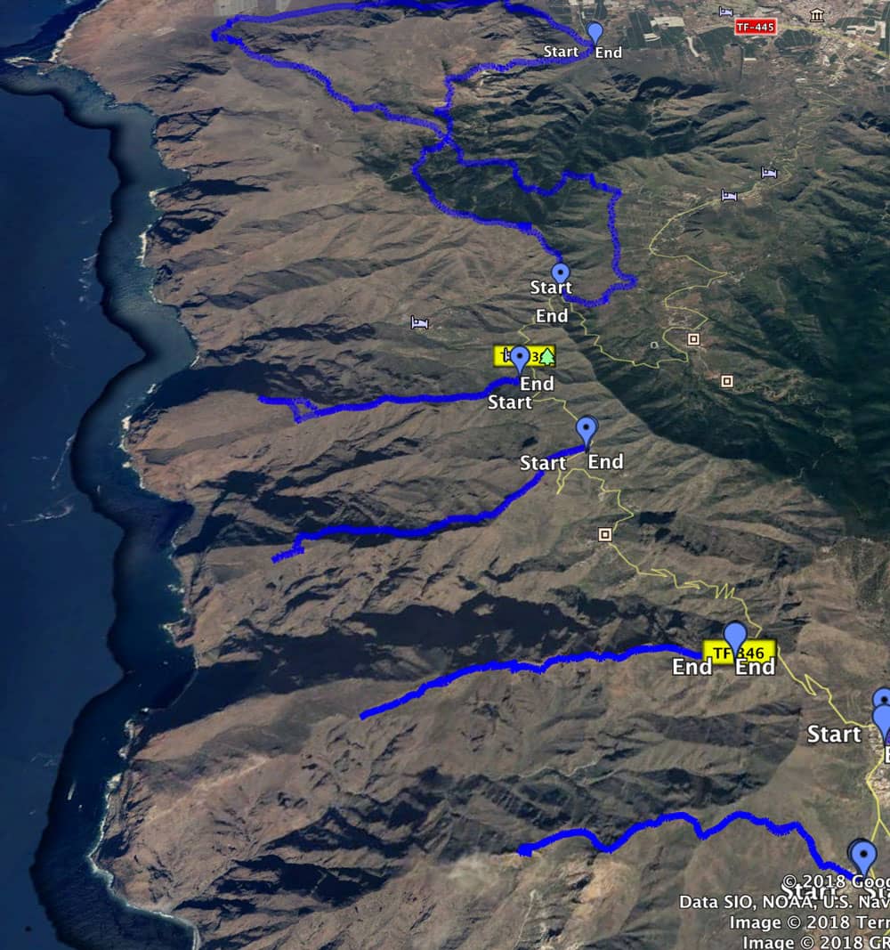 Rutas de la cresta en las montañas de Teno