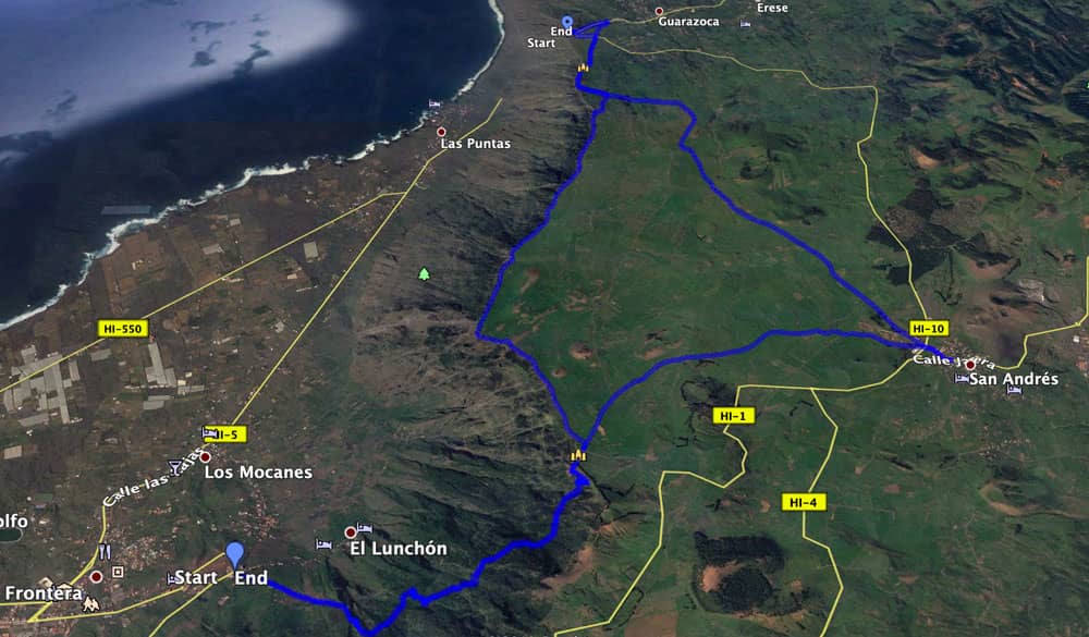 Tracks der Anschlusswanderungen vom Mirador de Jinama zum Mirador de La Peña und nach San Andrés