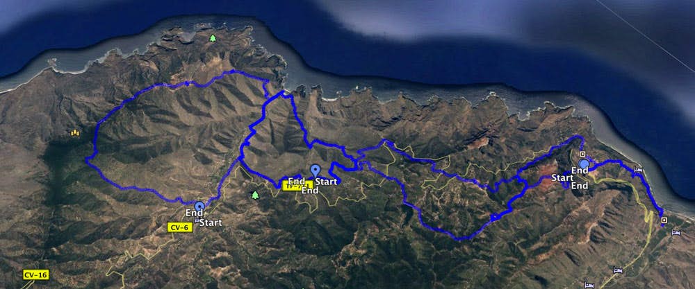Tracks of four circular hikes around Vallehermoso
