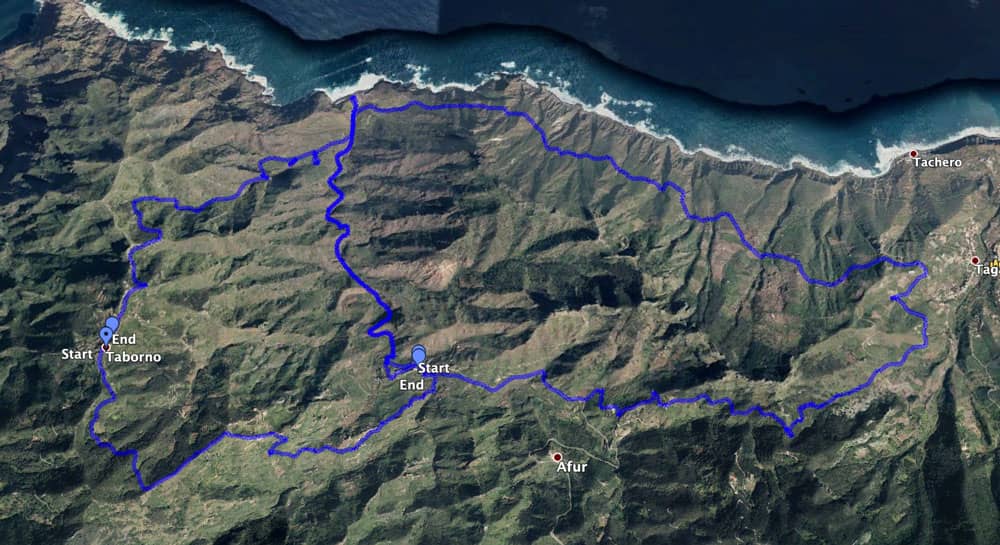 tracks of the two circular hikes from left to right:
1. Taborno-Afur-Tamadite-Taborno
2. Afur-Tamadite-Taganana-Afur
