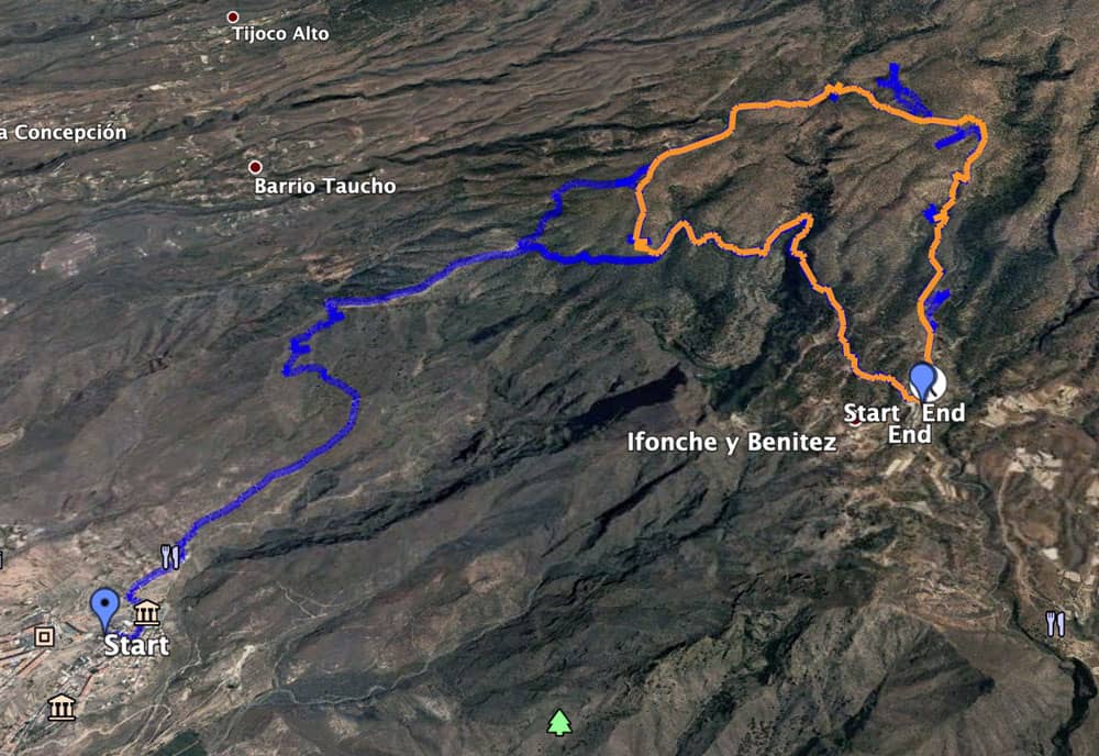 Track circular straight Ifonche (orange) and blue the track from Adeje to Ifonche