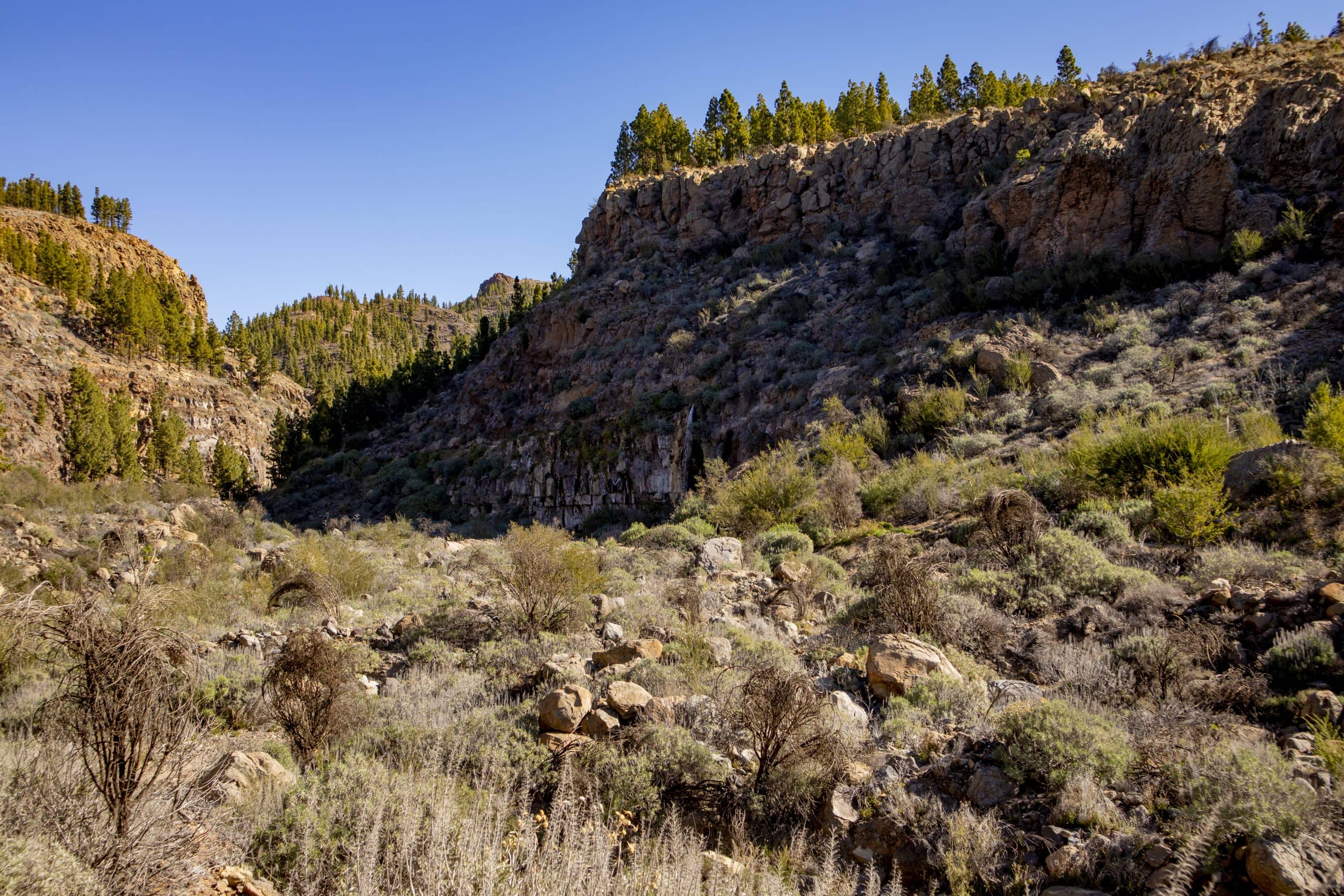 the Barranco with the waterfall (visible in the middle of the picture in the distance)