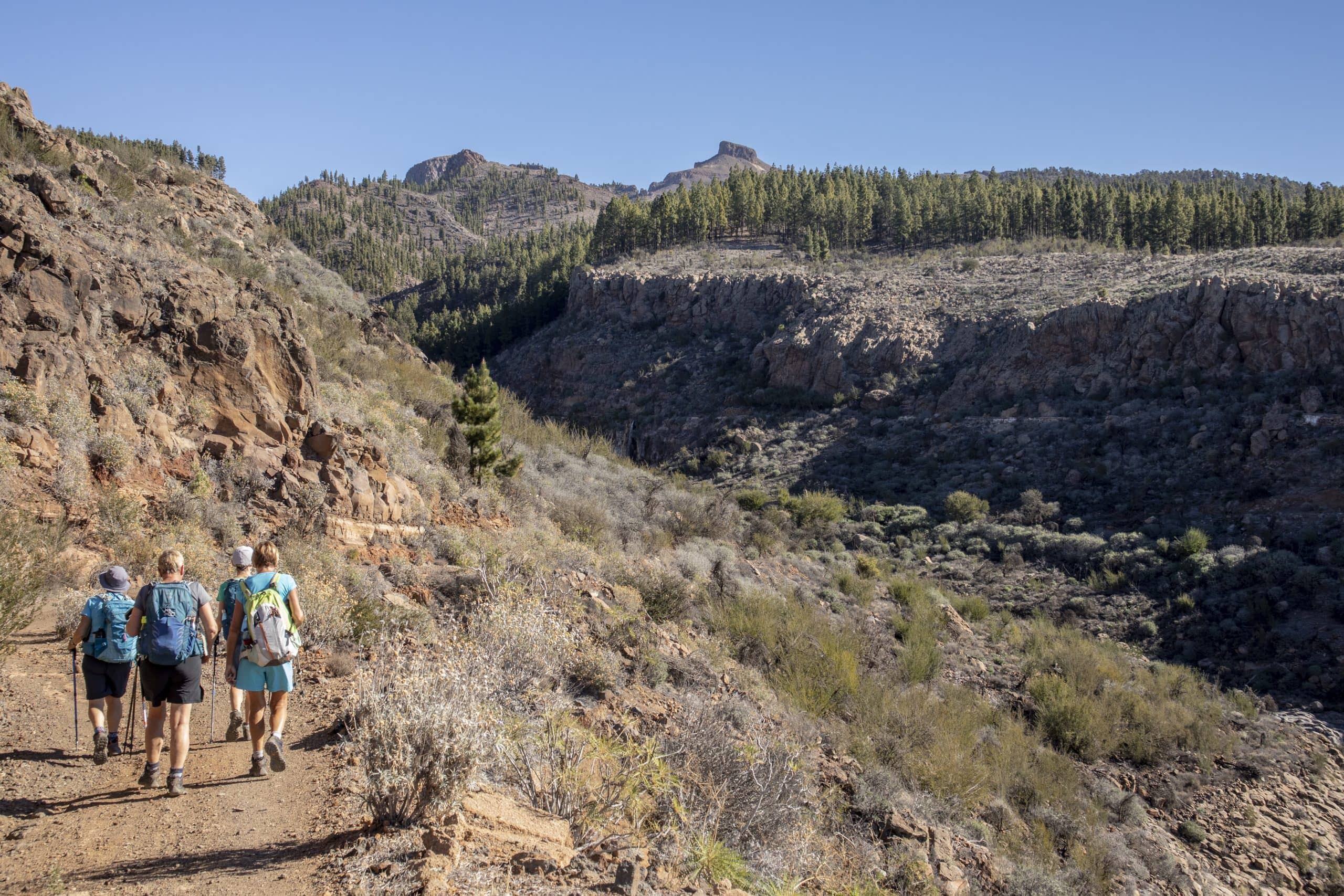 Women hikers on the trail near the waterfall