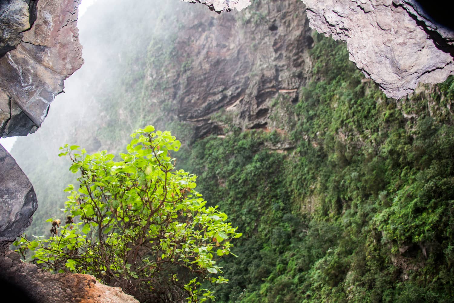 View on the window to the rock walls