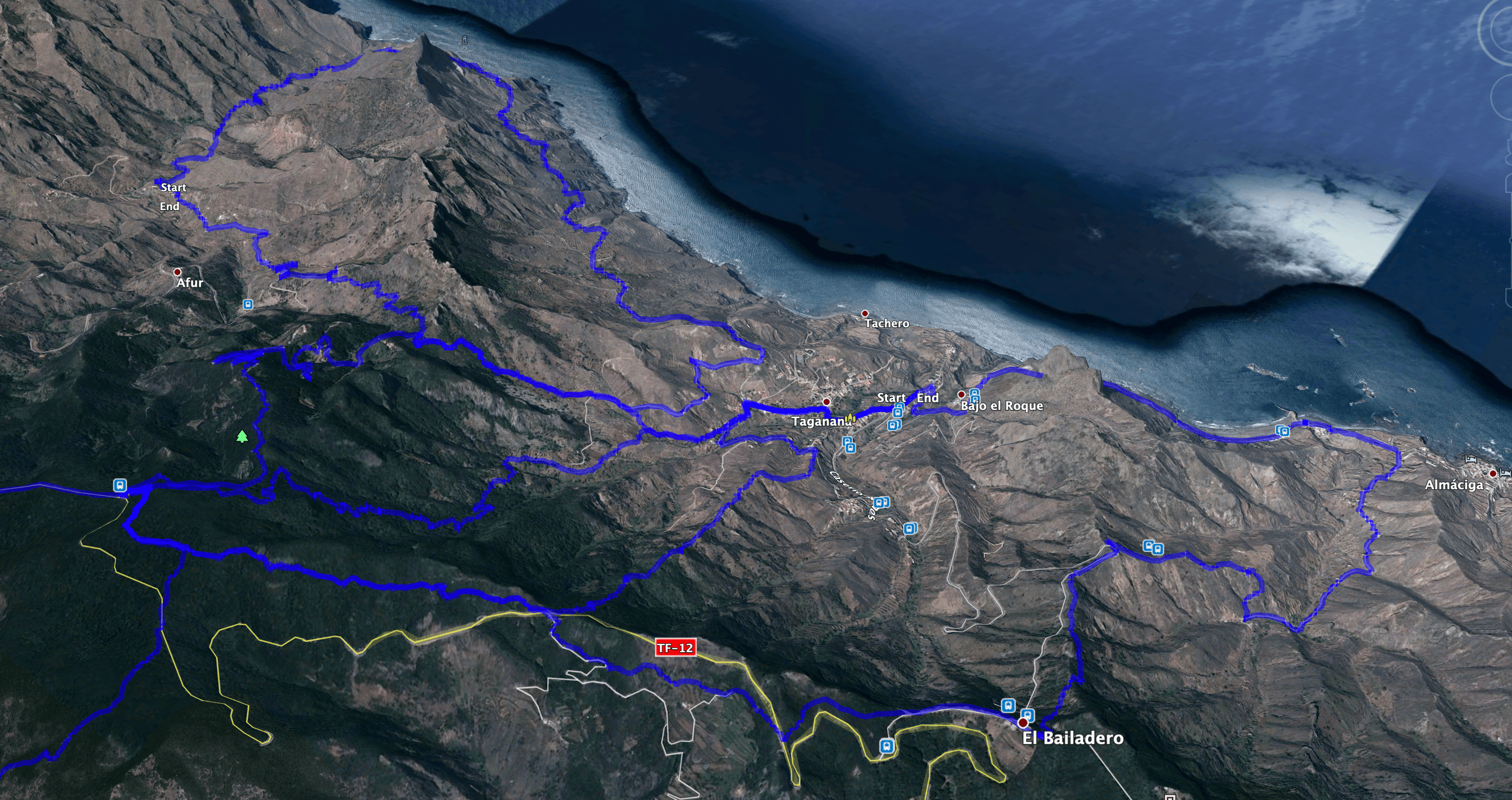 Tracks of different circular hikes around Taganana connected to Valle Brosque