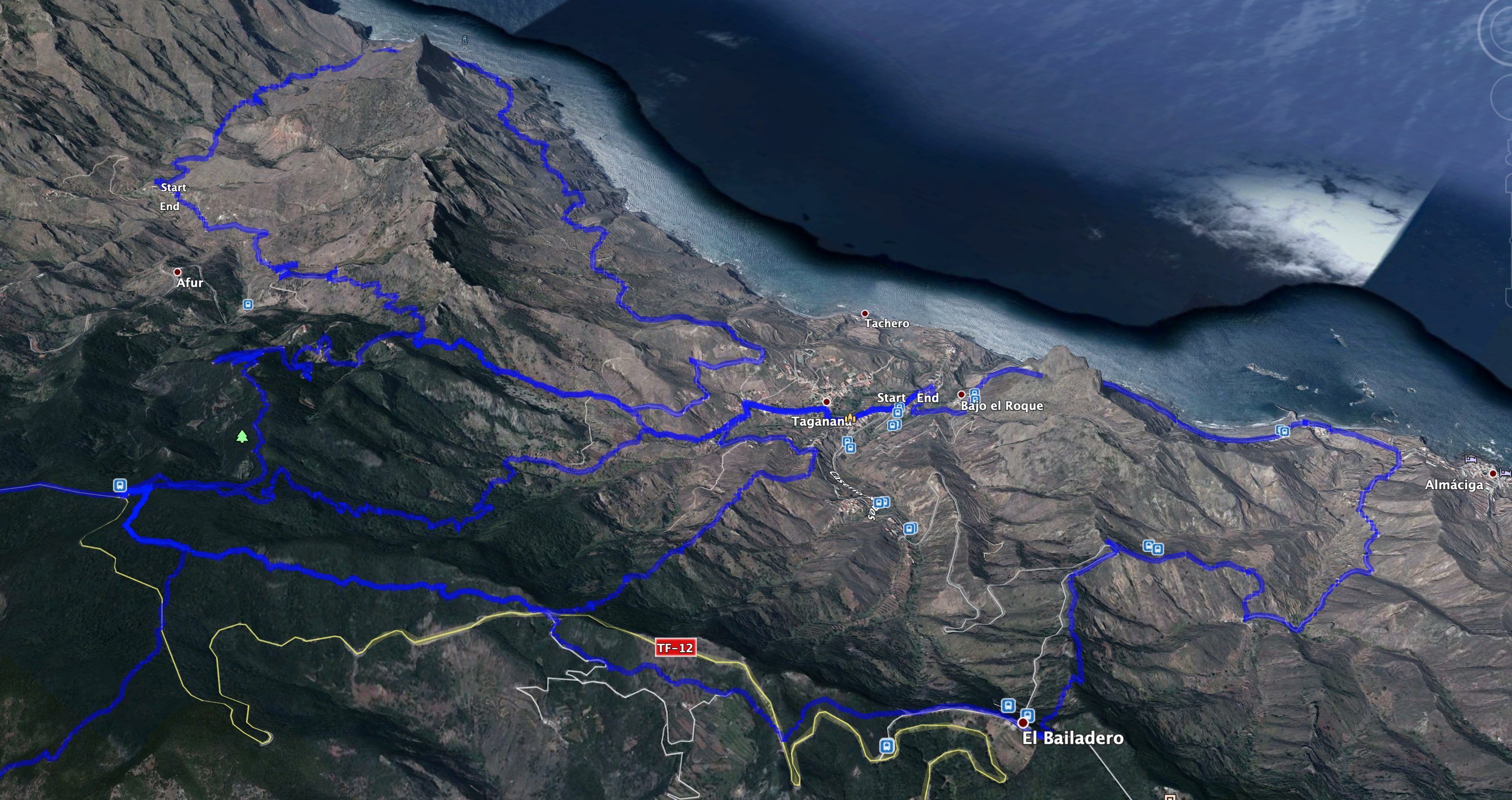 Tracks verschiedener Rundtouren um Taganana mit Berührung zum Valle Brosque