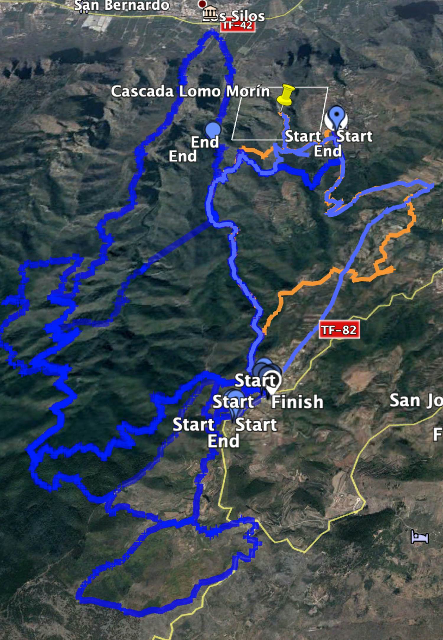 Track der Wanderung zur  Cascada Lomo Morín (hellblau) und benachbarte Tracks