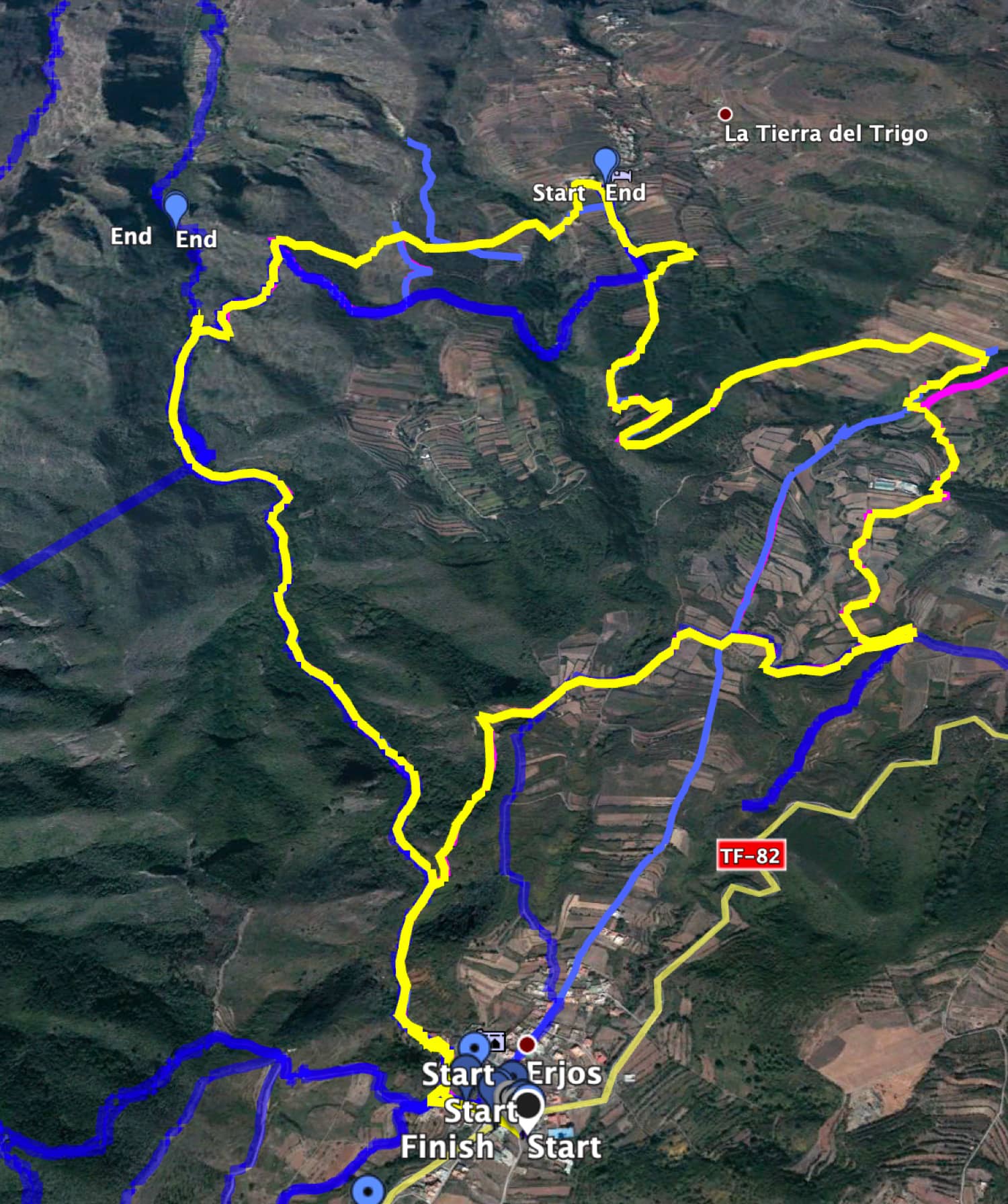 Track (yellow) - circular walk along the canal path - from there blue to the Cascada Lomo Morín