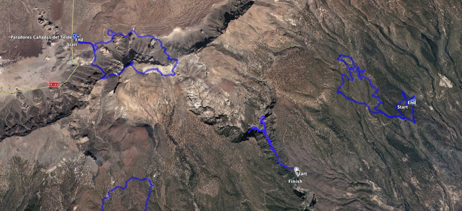 La ruta por Arico (derecha) y las rutas vecinas como Barranco Río i (centro) y Guajara (arriba a la izquierda) - pero la ruta en sí también puede ser muy variada