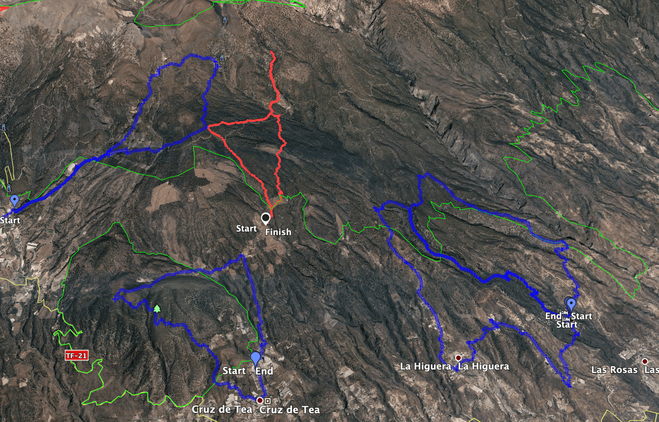 Rot der Track der Wanderung Madre del Agua. Links daneben Paisaje Lunar, darunter Montaña las Coloradas und rechts die Tracks der Wanderungen Las Vegas und La Higuera