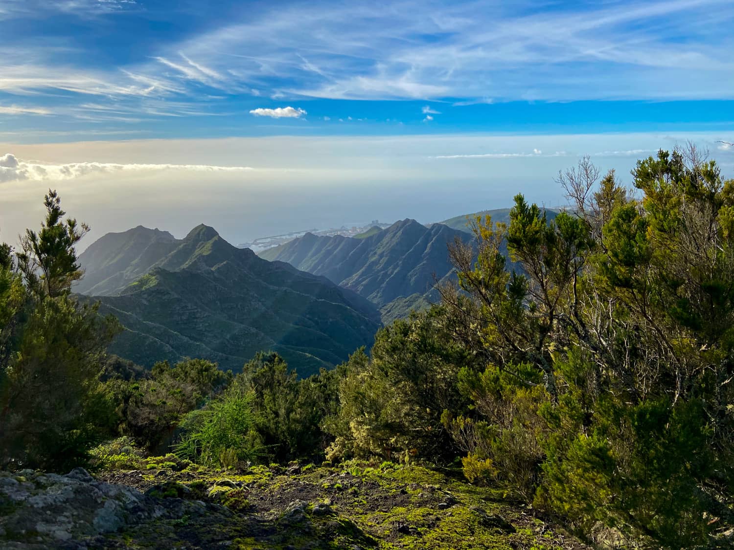 Blick vom Pico del Ingles über die Höhen und Täler bis zur Küste nach Santa Cruz de Tenerife