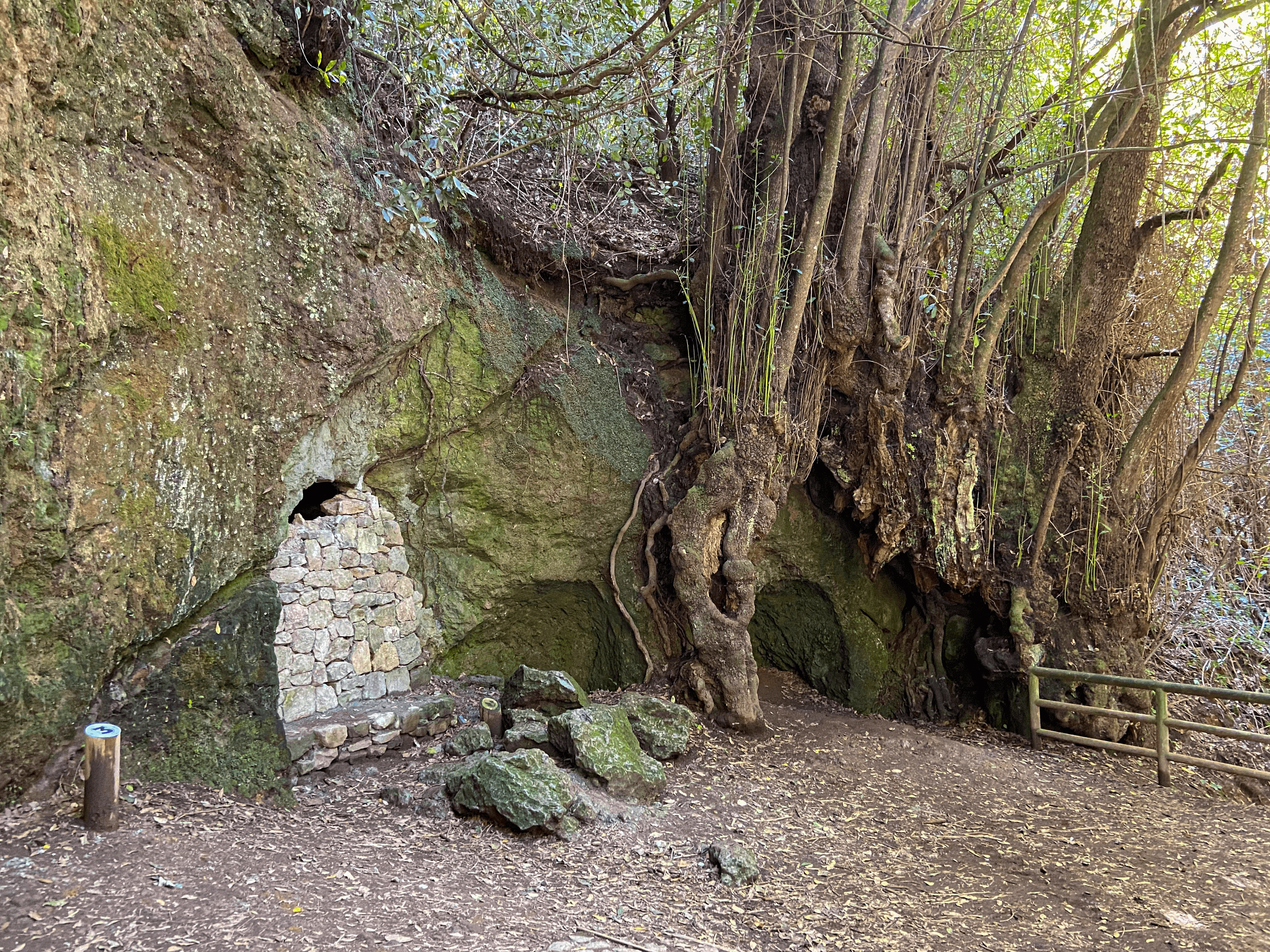 Path and walled cave on the Lomo de Jara hike