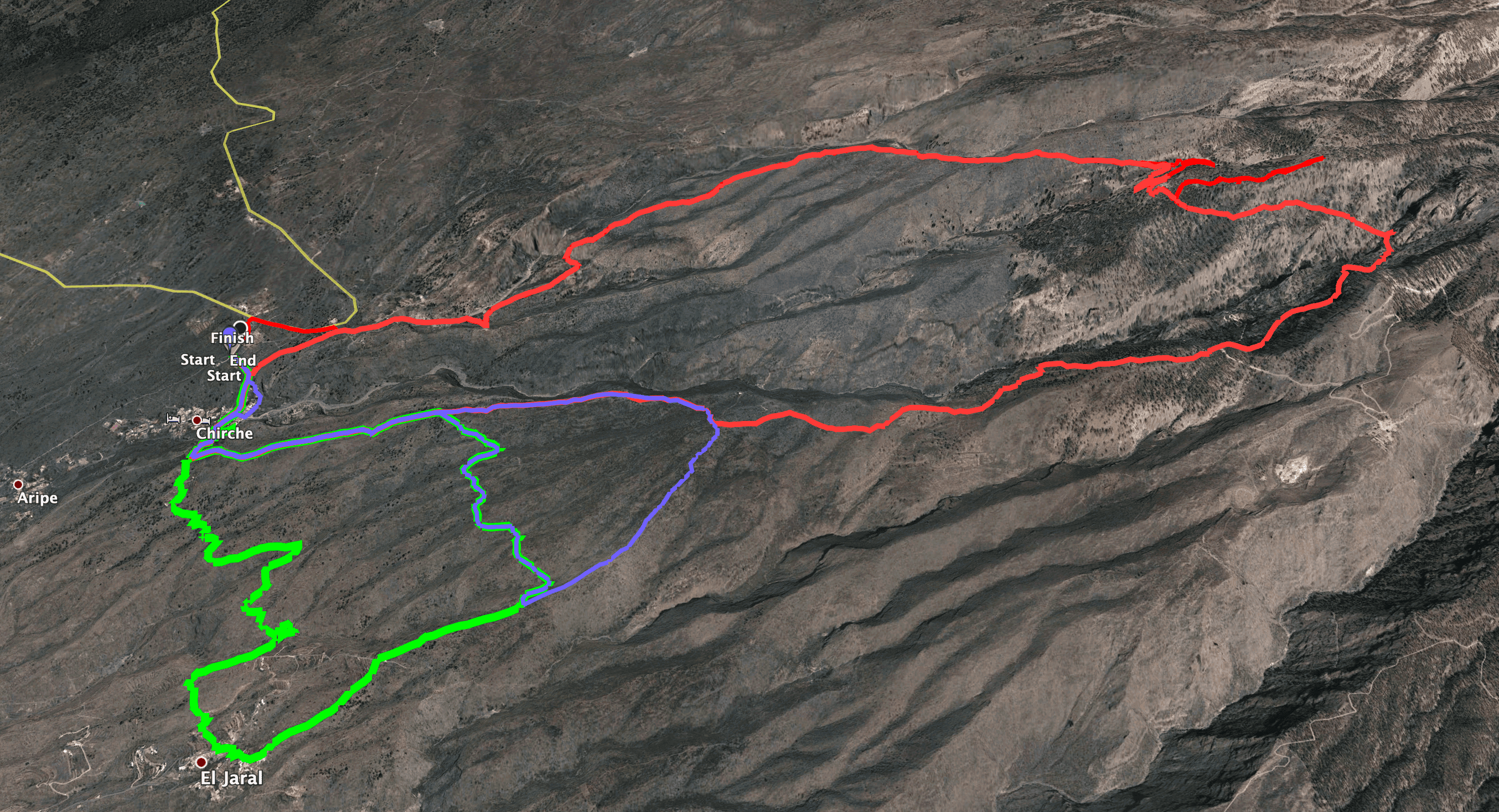 Trayecto de la caminata Chirche - Barranco de Tagara y pequeños recorridos (extensiones) vía El Jaral