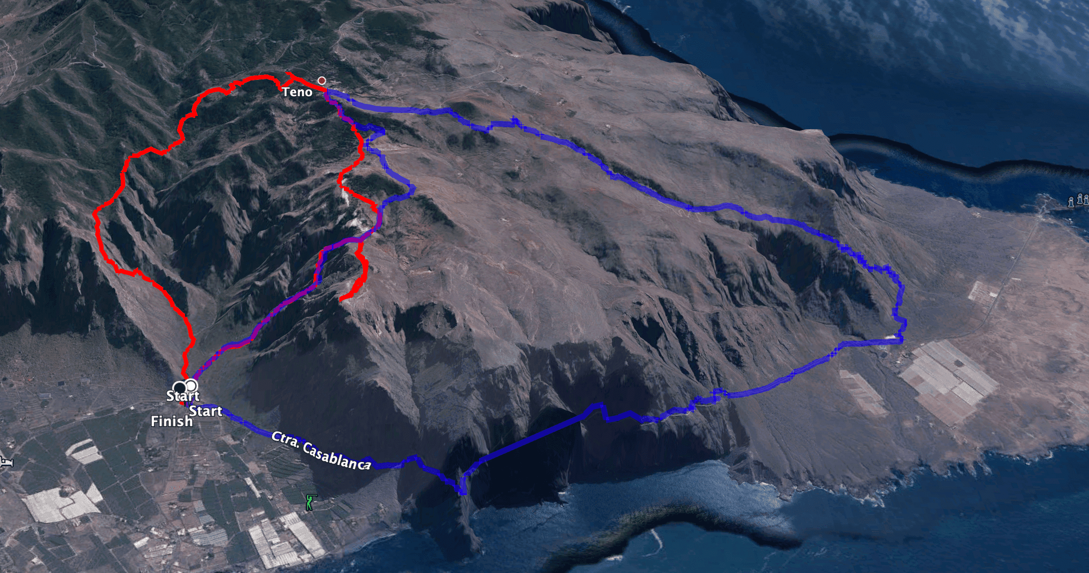 Tracks of the round trips around Teno Alto (blue: Risco trail with direction Punta Teno, red: Teno Alto with Risco trail)