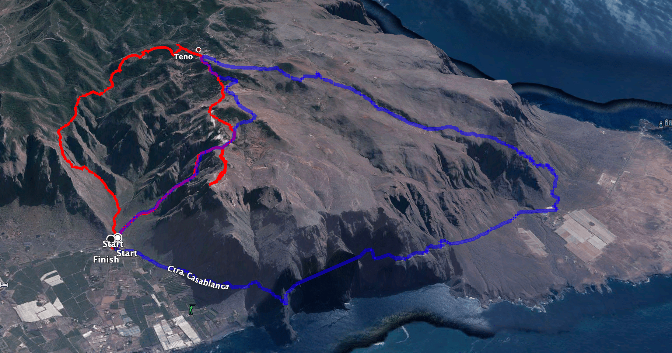 Rutas de ida y vuelta alrededor de Teno Alto (azul: sendero del Risco con dirección a Punta Teno, rojo: Teno Alto con sendero del Risco)
