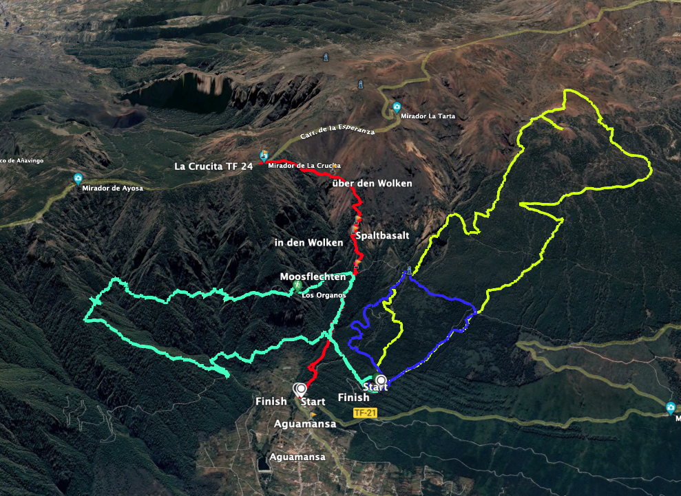 Track Montaña Limón (yellow), small loop (blue), Órganos high trail (green), Mirador de la Crucita (red)