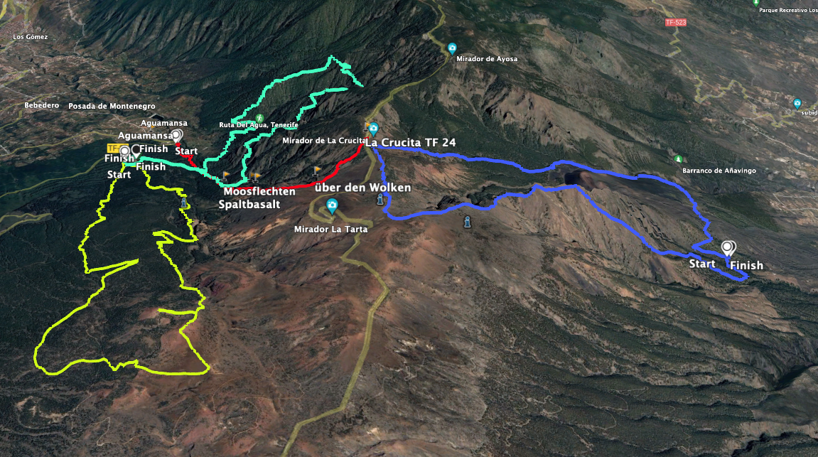 Circular Pico Cho Marcial (blue), Aguamansa - Crucita (red), Organos (green), Caldera - Montaña Limon (yellow)
