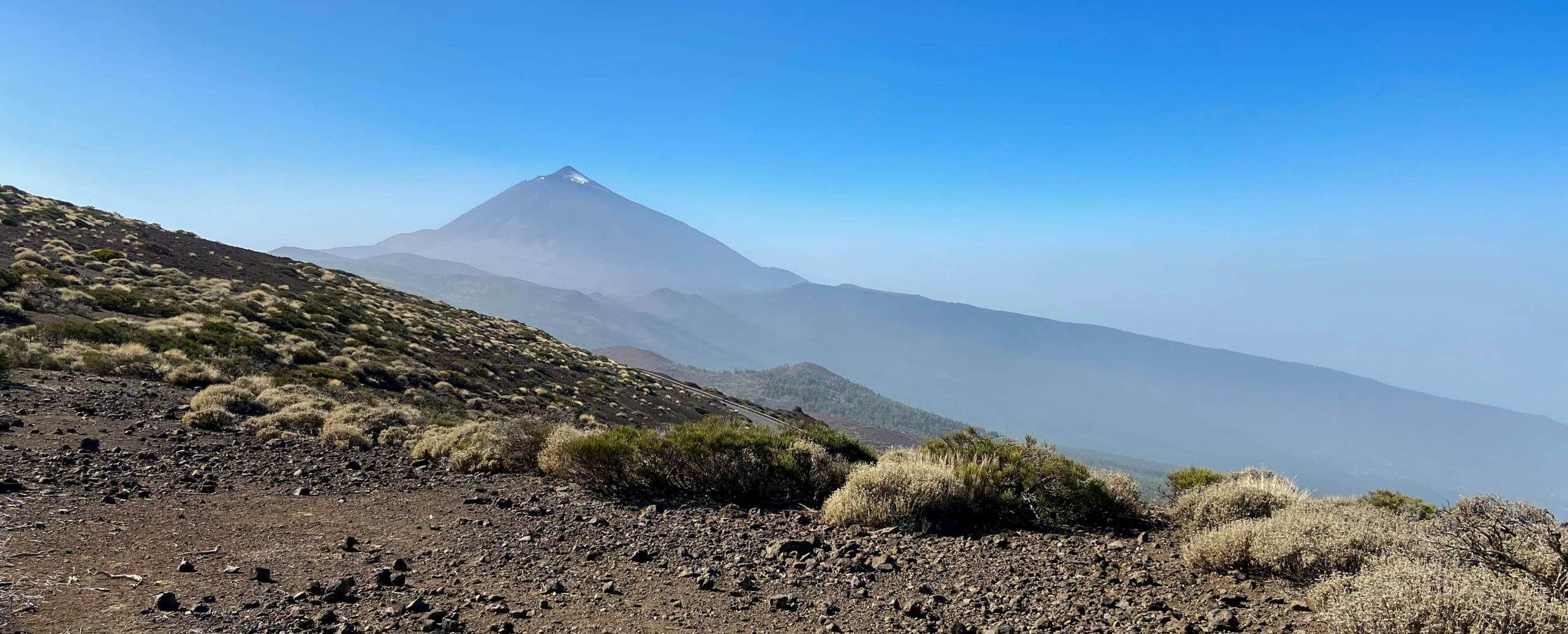 View of the Teide from the hiking trail on the Cumbre Dorsal of Tenerife