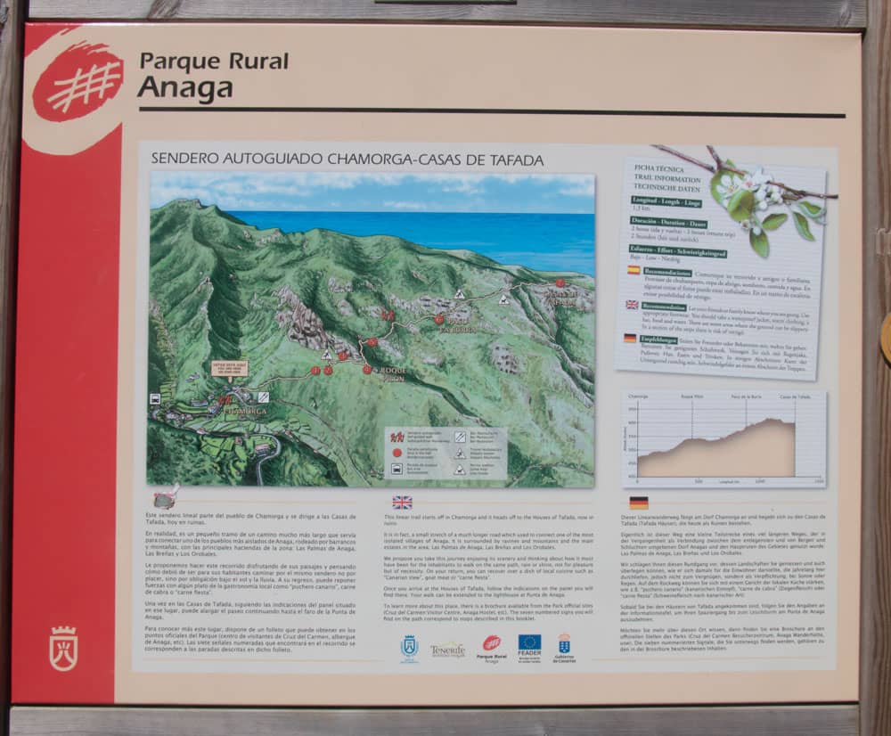 Señal de senderismo sobre parte del camino de Chamorga a Montaña Tafada Anaga en Tenerife