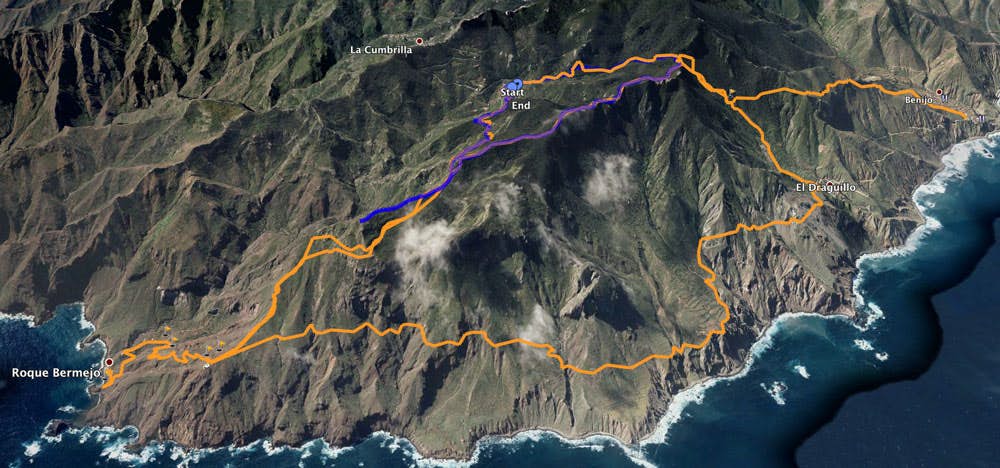 Pista azul: Ruta circular descrita Pistas amarillas: Posibles combinaciones en Anaga Tenerife