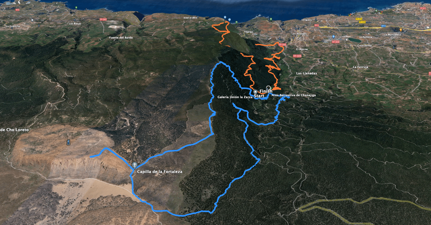 Tracks of the hike Mirador de La Corona to Chanajiga (orange) and Chanajiga to Fortaleza in the Cañadas (blue)
