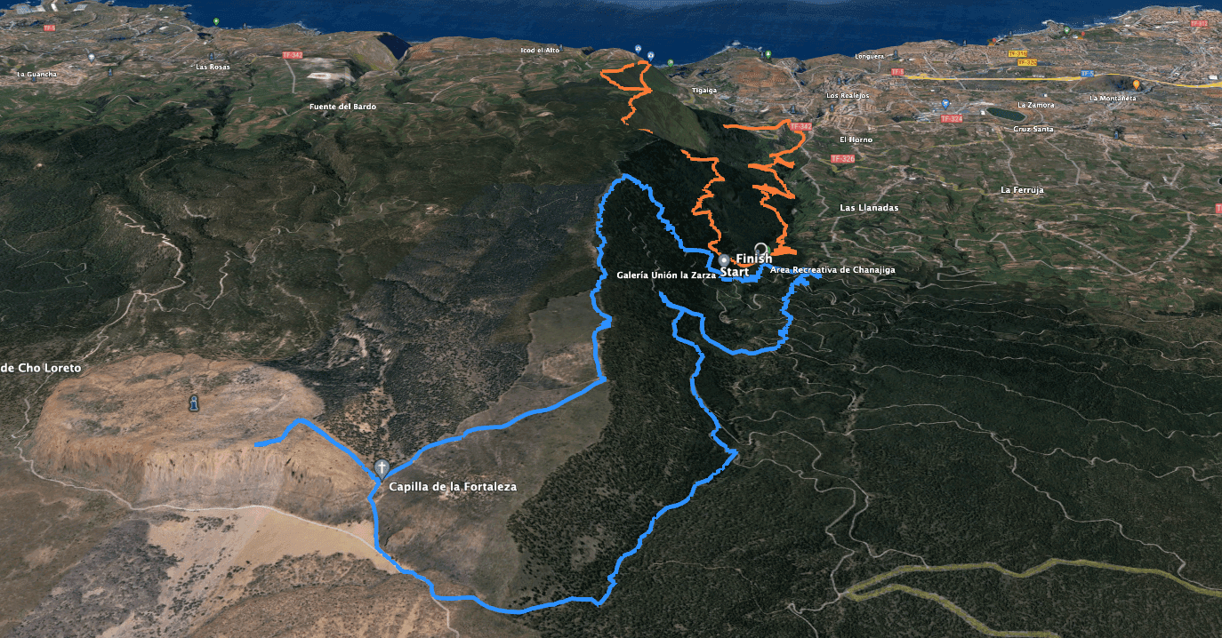 Rutas de la caminata Mirador de La Corona a Chanajiga (naranja) y Chanajiga a Fortaleza en las Cañadas (azul)